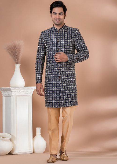 Mens Blue Embroidered Indo Western Sherwani Set