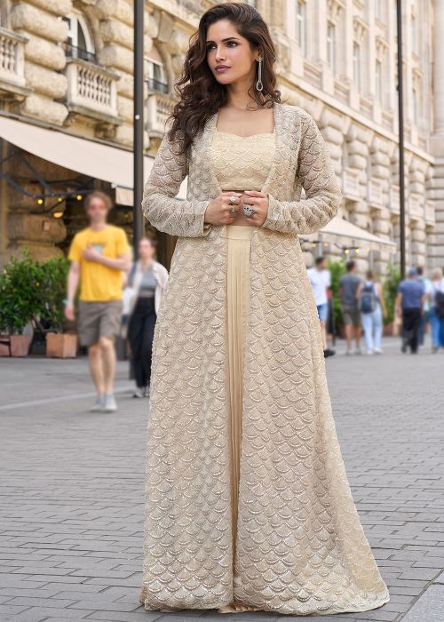 Beige Net Draped Style Skirt Set With Zari Detail