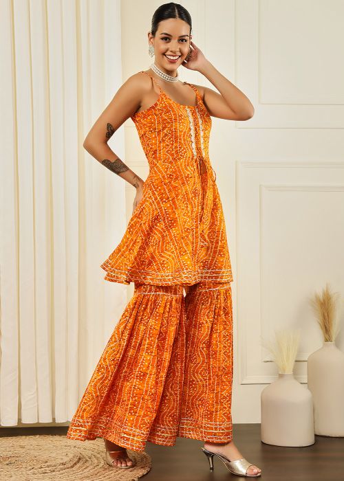 Orange Bandhej Print Spaghetti Kurta Set In Cotton