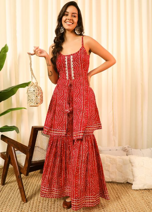 Red Rayon Bandhej Printed Spaghetti Kurta Set