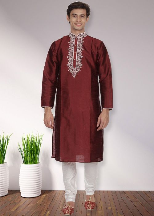 Maroon Readymade Dupion Silk Mens Plain Kurta Pajama
