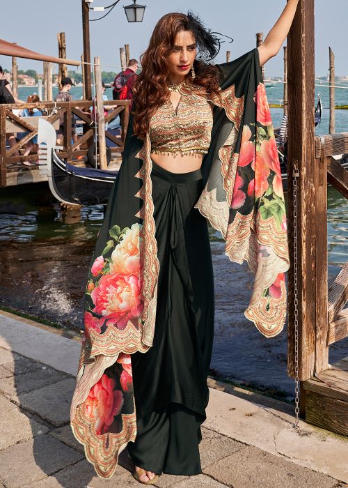 Black Drape Skirt Set With Statement Jacket