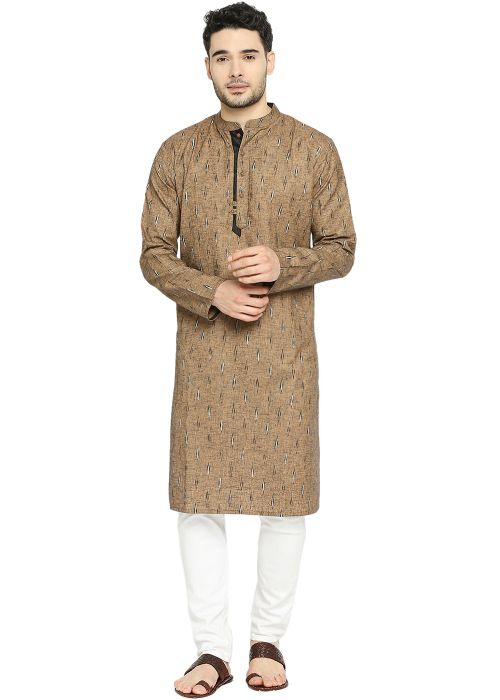Readymade Digital Printed Cotton Mens Kurta Pajama In Light Brown