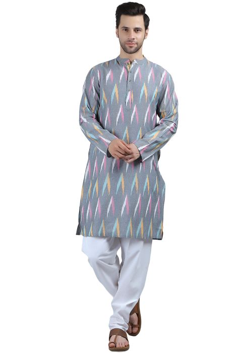 Grey Cotton Readymade Mens Kurta Pajama In Digital Print