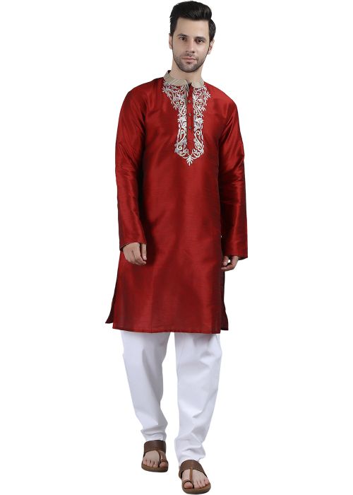 Maroon Embroidered Mens Kurta Pajama In Dupion Silk