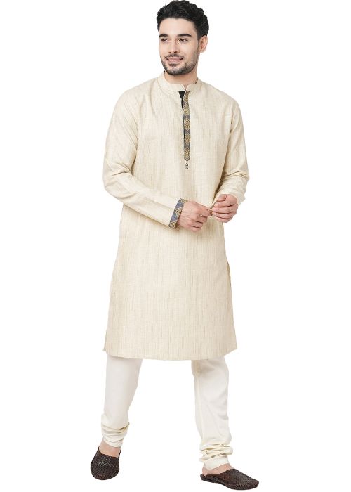 Cream Readymade Dupion Silk Mens Plain Kurta Pajama