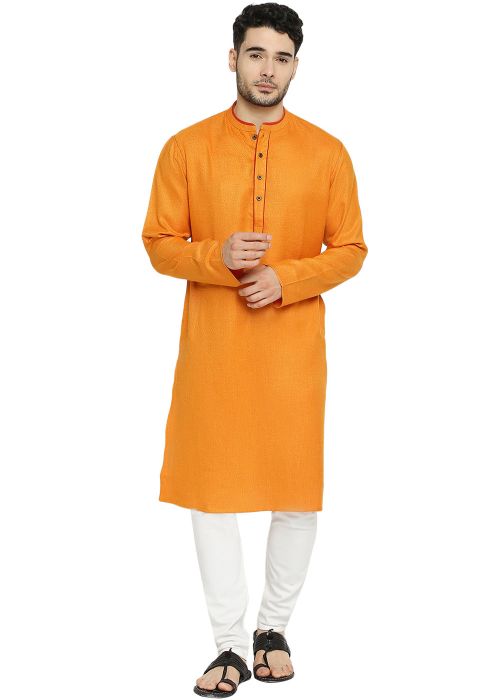 Yellow Readymade Mens Cotton Kurta Pajama In Plain