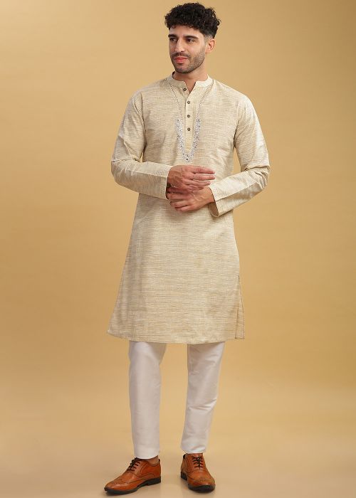 Beige Plain Readymade Cotton Mens Kurta Pajama