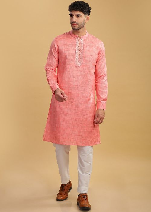 Readymade Cotton Mens Plain Kurta Pajama In Pink