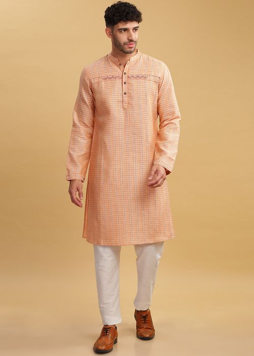 Peach Readymade Cotton Mens Kurta Pajama In Plain