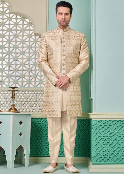 Cream Embroidered Indo Western Sherwani Set