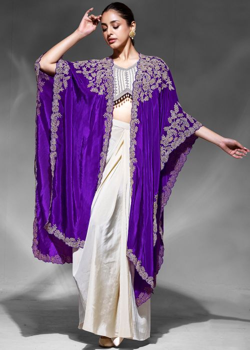 Cream Crape Draped Skirt Set With Jacket