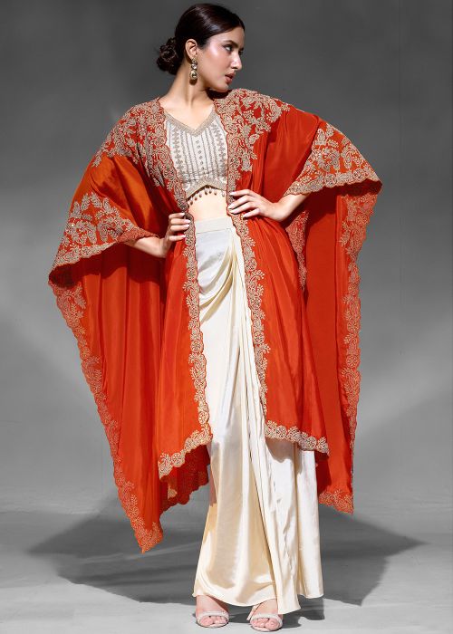 Cream Crape Embellished Cape Style Skirt Set