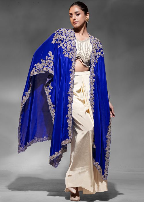 Cream Drape Skirt Set With Embroidery
