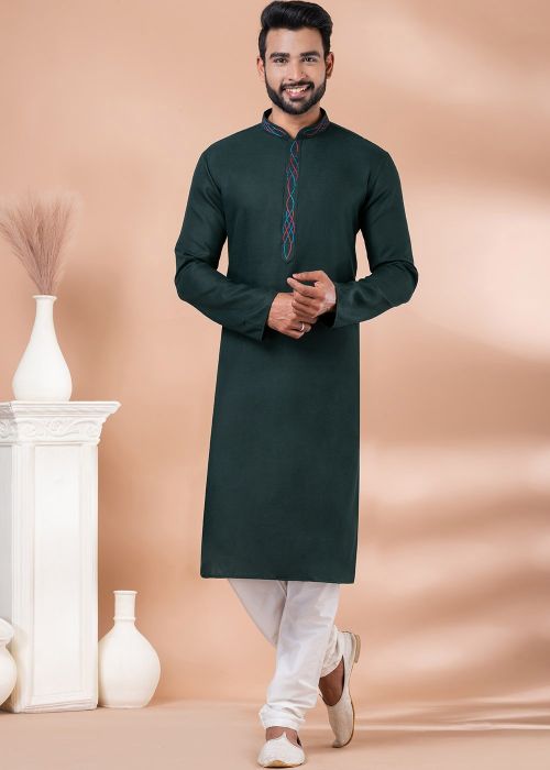Green Embroidered Kurta Pajama In Cotton