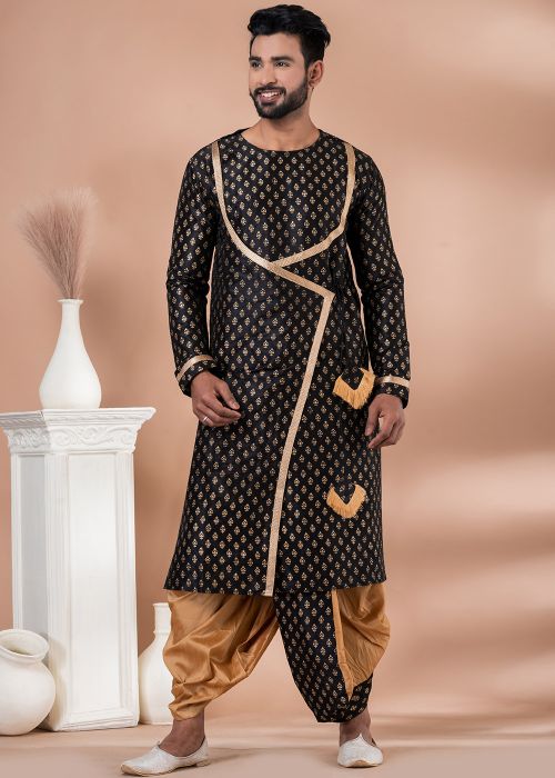 Black Printed Kurta Dhoti In Banarasi Silk
