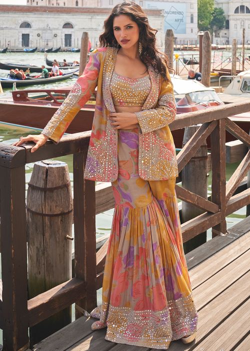 Multicolor Chiffon Top Bottom Set With Printed Jacket