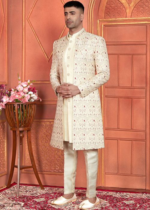Cream Embroidered Indo Western Sherwani