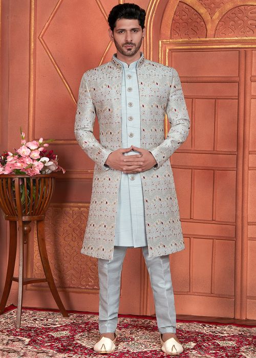 Grey Embroidered Indo Western Sherwani