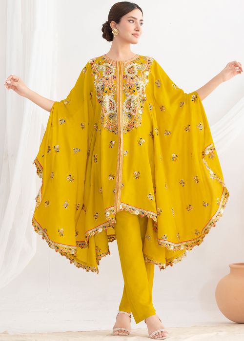Yellow Chiffon Kurta Set With Thread Embroidery