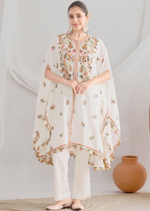 White Chiffon Kurta Set With Thread Embroidery