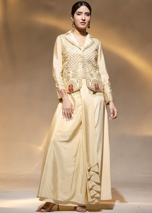 Cream Crepe Drape Skirt With Embroidered Jacket