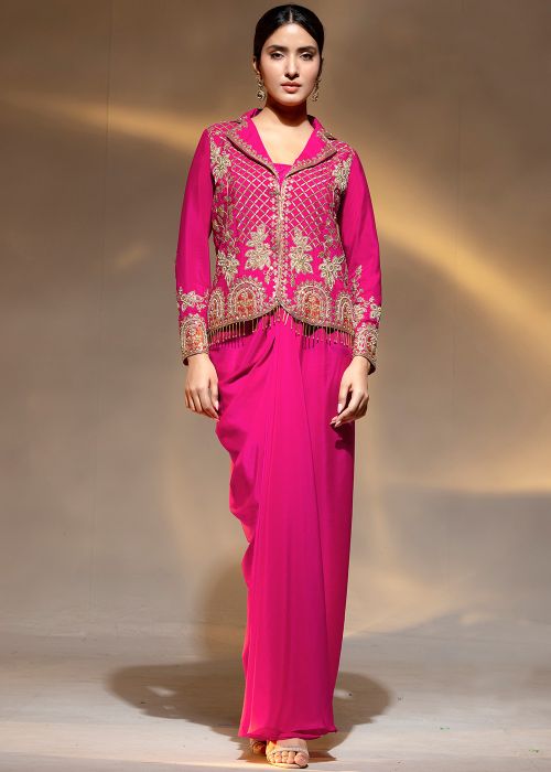 Pink Crepe Jacket Drape Skirt With Bead Embroidery