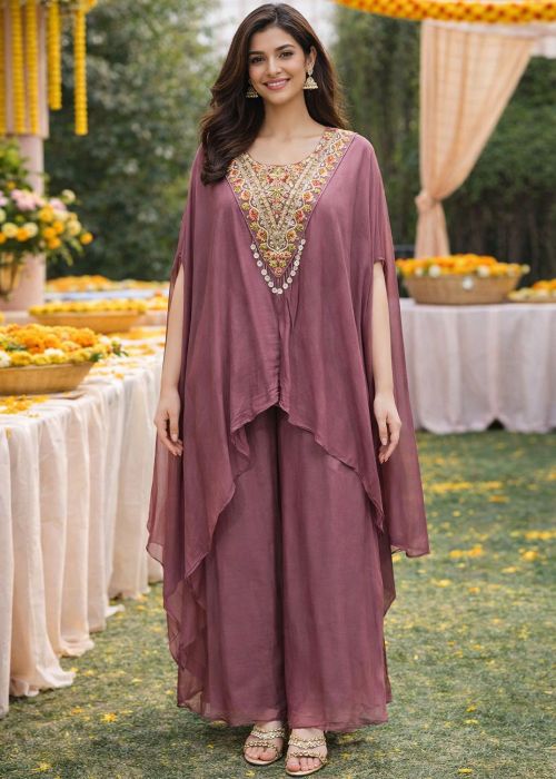 Mauve Pink Viscose Top Bottom With Layered Embroidery