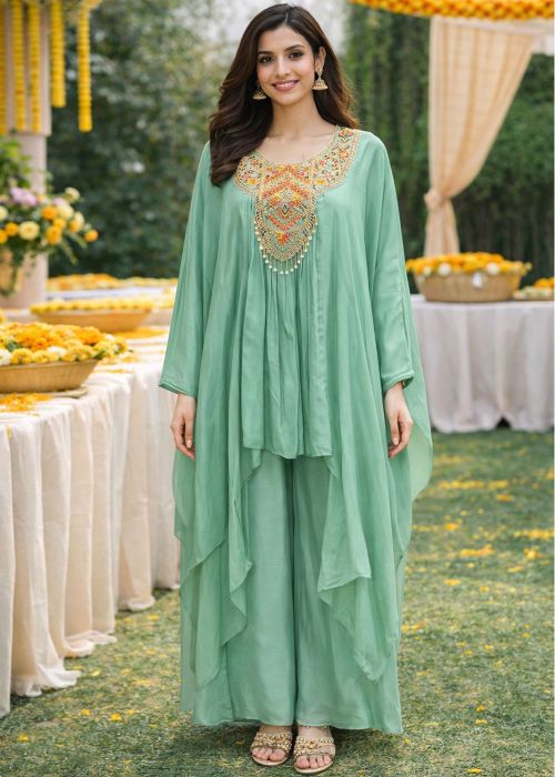 Mint Green Top Bottom Set With Ethnic Embroidery