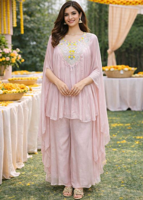 Blush Pink Viscose Top Bottom Set With Floral Work