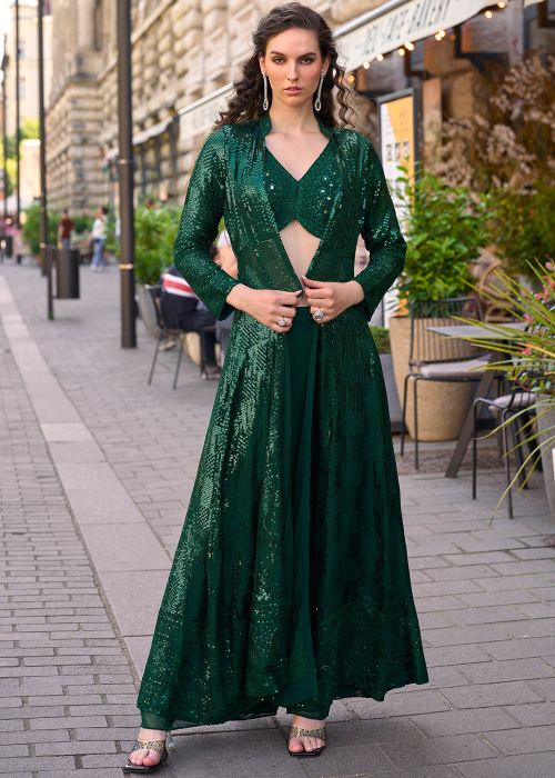 Green Jacketed Top Bottom Set With Mirror Embroidery
