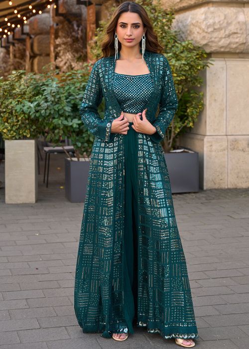 Teal Blue Jacket Style Top Bottom With Sequin Work