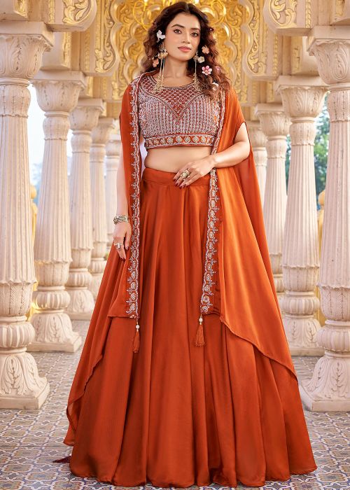 Rust Orange Art Silk Skirt Set with Embroidered Cape