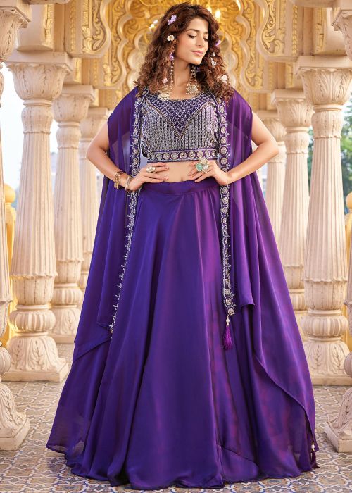 Purple Art Silk Skirt Set with Embroidered Cape Jacket
