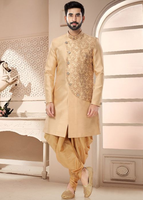 Beige Readymade Indowestern Sherwani & Dhoti In Woven Work