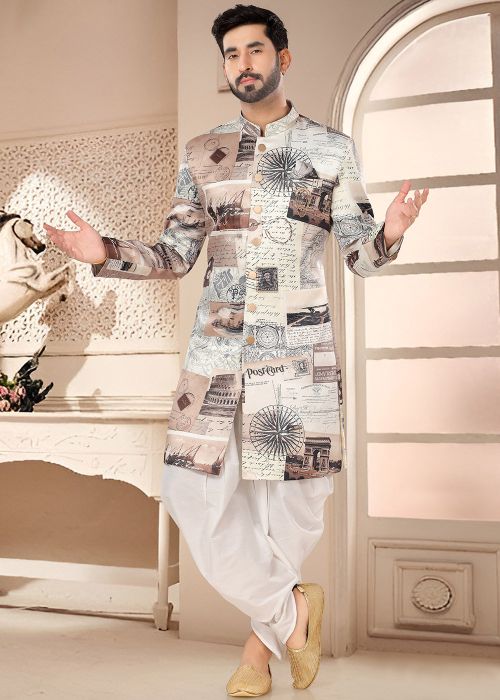 Beige & White Readymade Indowestern Woven Sherwani & Dhoti 