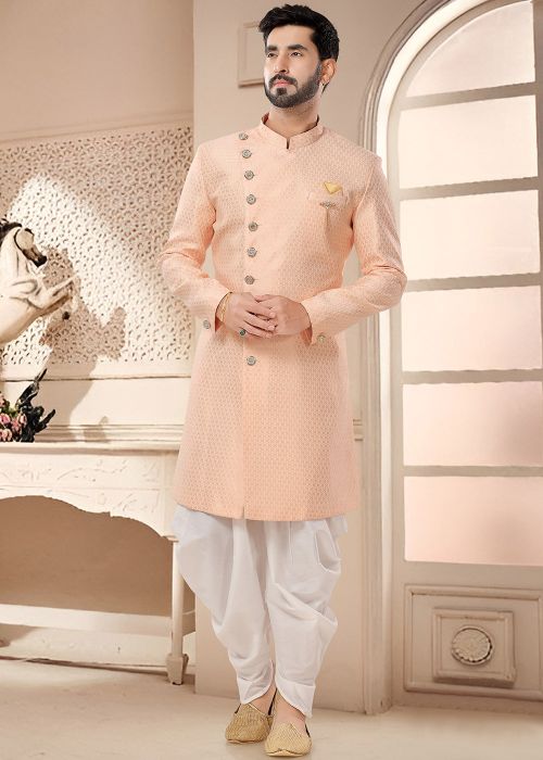 Peach Readymade Art Silk Indowestern Sherwani & Dhoti 