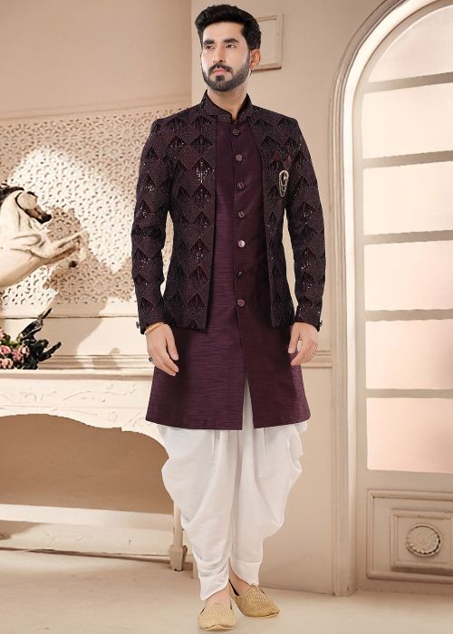 Wine Jacket Style Readymade Sherwani & Dhoti In Embroidery