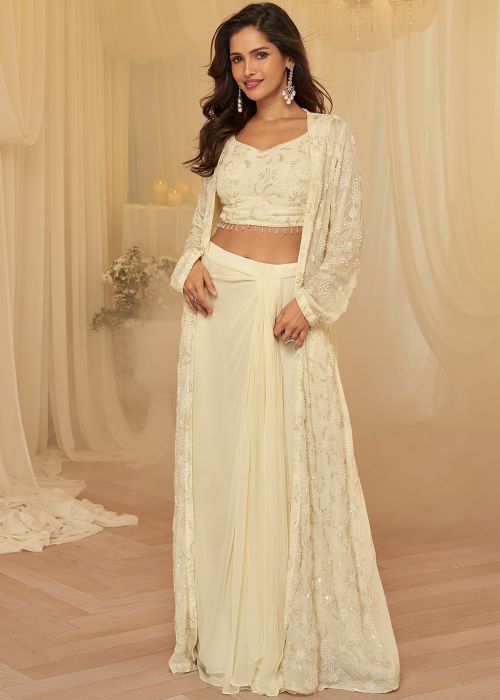 Off White Georgette Draped Skirt Set With Jacket