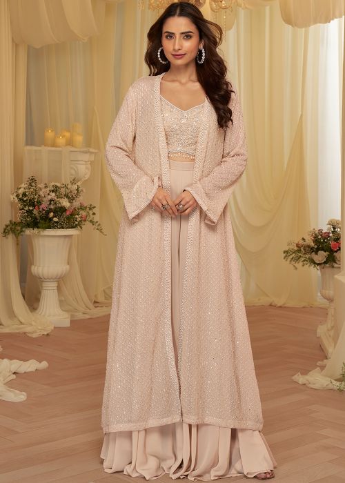 Blush Pink Georgette Draped Skirt Set With Embellished Jacket