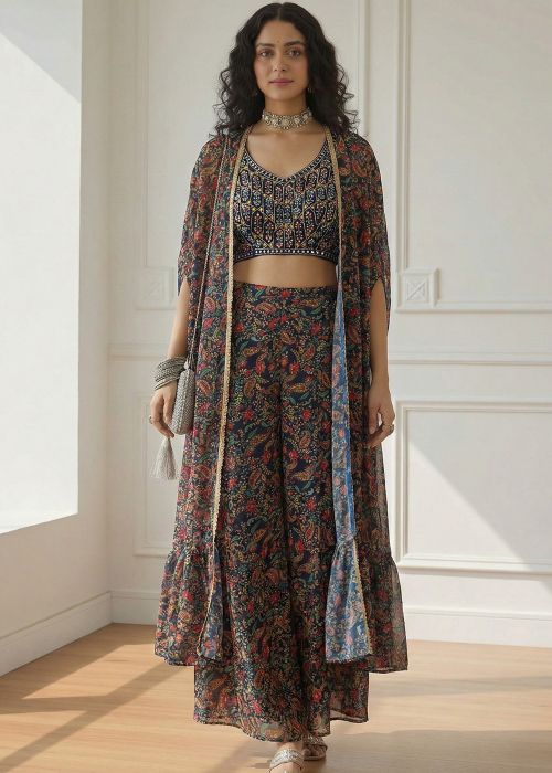 Blue Top Bottom Jacket Set With Digital Print
