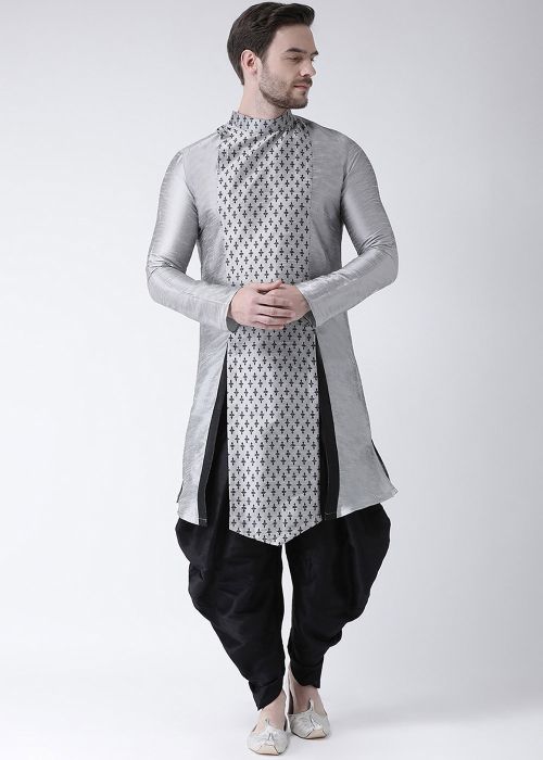Readymade Printed Dupion Silk Men Indowestern Dhoti Kurta In Grey