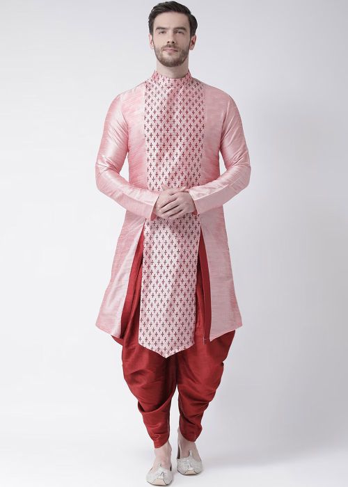 Light Pink Readymade Dupion Silk Men Indowestern Dhoti Kurta In Print