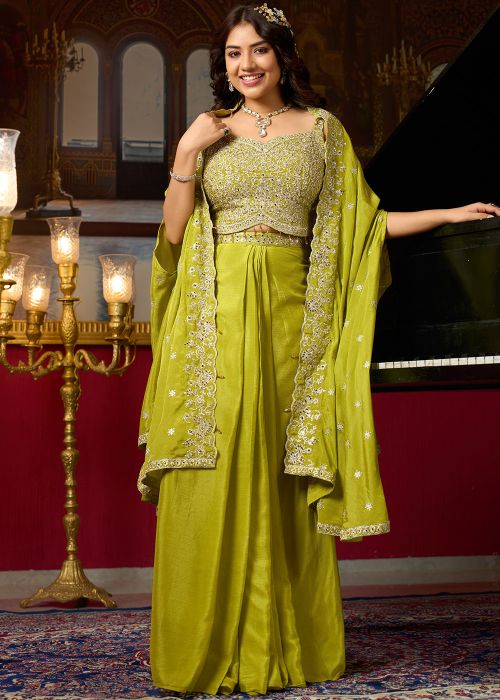 Green Chiffon Embroidered Drape Skirt Set With Cape