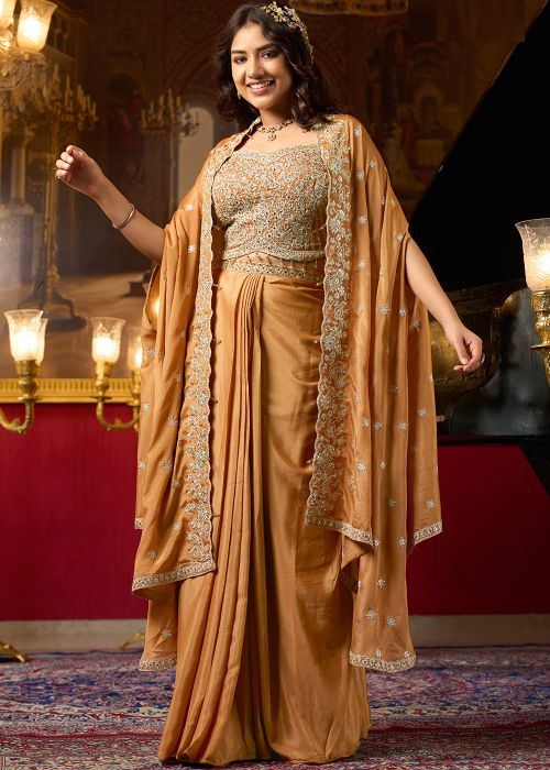 Orange Chiffon Drape Skirt Set With Embroidered Cape