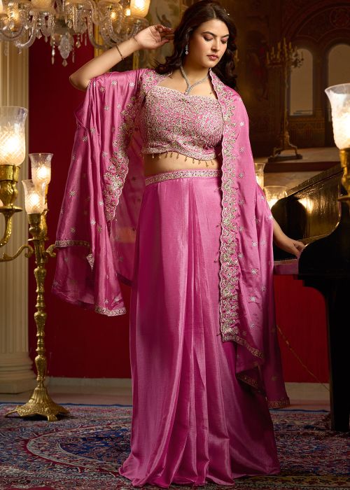 Pink Chiffon Drape Skirt Set With Mirror Work
