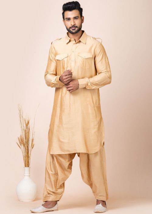 Readymade Mens Beige Plain Pathani Suit
