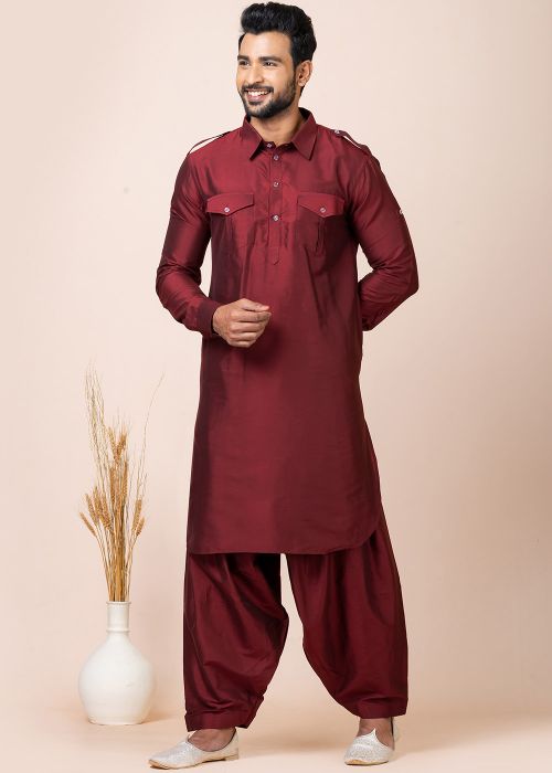 Readymade Maroon Mens Pathani Suit