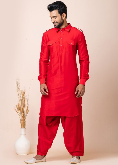 Readymade Red Mens Viscose Pathani Suit