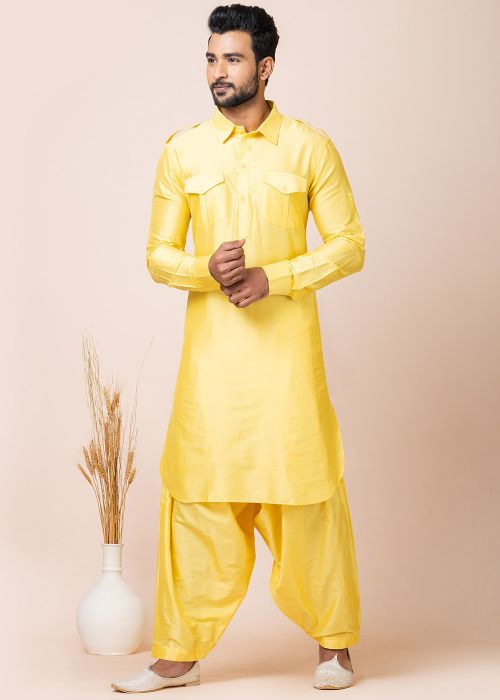 Readymade Yellow Pathani Suit In Viscose